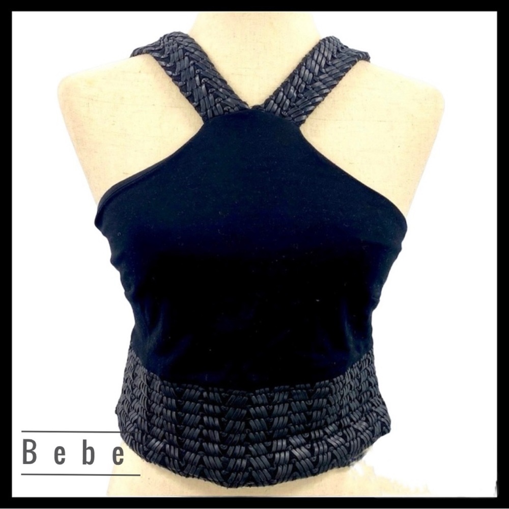 Bebe Halter Crop Top with Vegan Leather trim - Medium